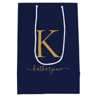 Moderne Navy Blauwe Gouden Monogram Naam Medium Cadeauzakje