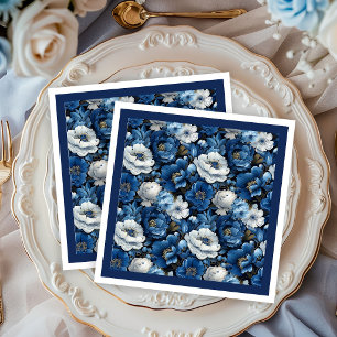 Moderne Navy Blauwe Ivoren Bloem Bruiloft Papieren Servet