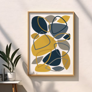 Moderne Navy Blauwe Mosterd Abstract Patroon Poster