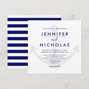 Moderne Navy Blauwe Nautilus Anker Bruiloft Kaart