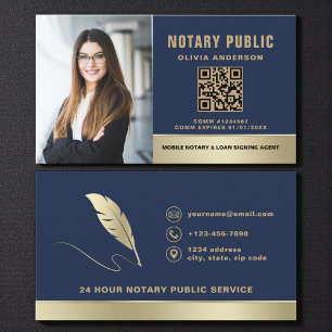 Moderne Navy Blauwe QR Code Foto Notaris Visitekaartje