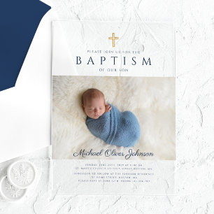 Moderne Navy Blauwe Religieuze Kruis Jongens Doop Acryl Uitnodigingen