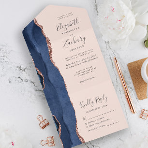 Moderne Navy Blauwe Roze Gouden Agaat Blush Bruilo All In One Uitnodiging