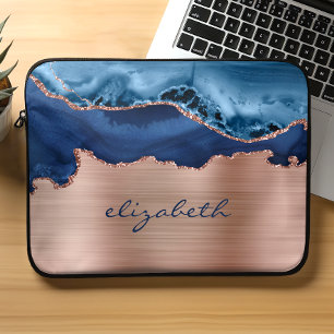 Moderne Navy Blauwe Roze Gouden Agaat Metallic Laptop Sleeve