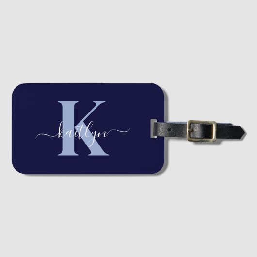 Moderne Navy Blauwe Script Monogram Bagagelabel (Voorkant (horizontaal))