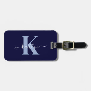 Moderne Navy Blauwe Script Monogram Bagagelabel