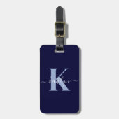 Moderne Navy Blauwe Script Monogram Bagagelabel (Voorkant verticaal)
