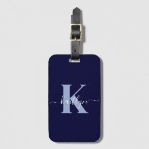 Moderne Navy Blauwe Script Monogram Bagagelabel