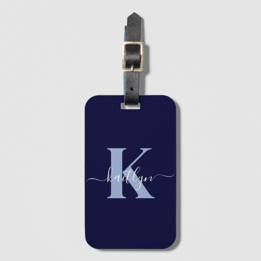 Moderne Navy Blauwe Script Monogram Bagagelabel (Voorkant (verticaal))