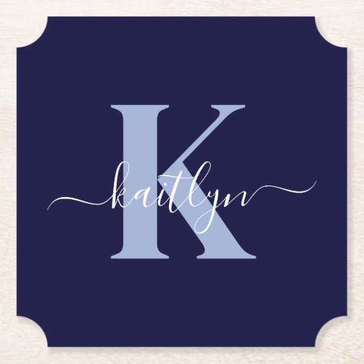 Moderne Navy Blauwe Script Monogram Kartonnen Onderzetters (Voorkant)