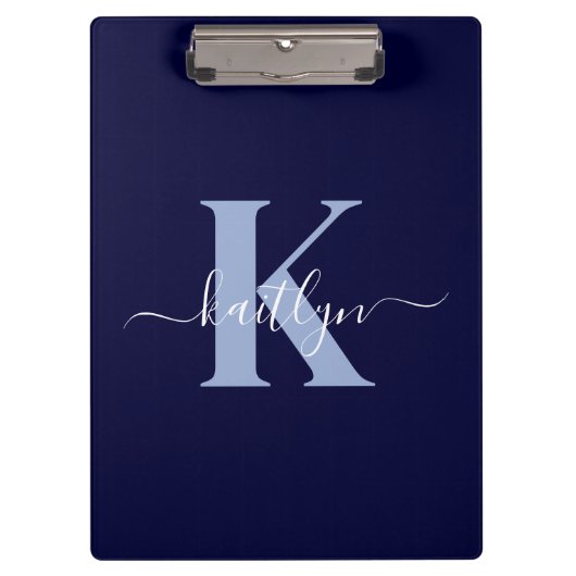 Moderne Navy Blauwe Script Monogram Klembord (Voorkant)