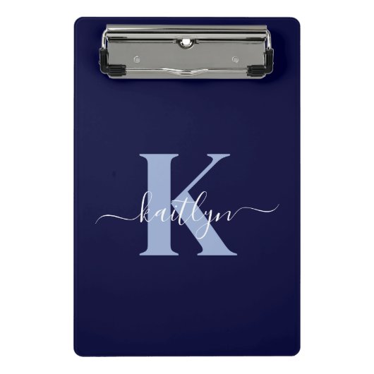 Moderne Navy Blauwe Script Monogram Mini Klembord (Voorkant)