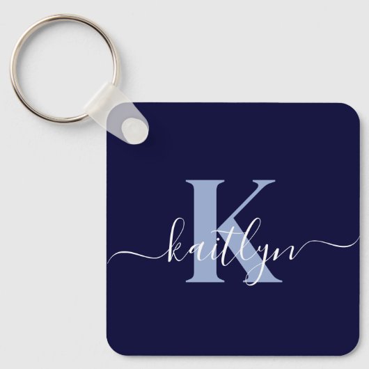 Moderne Navy Blauwe Script Monogram Sleutelhanger (Voorkant)