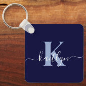 Moderne Navy Blauwe Script Monogram Sleutelhanger (Voorkant)
