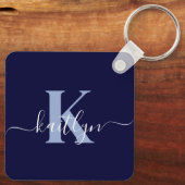 Moderne Navy Blauwe Script Monogram Sleutelhanger (Achterkant)