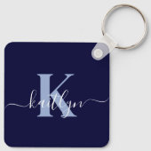 Moderne Navy Blauwe Script Monogram Sleutelhanger (Achterkant)