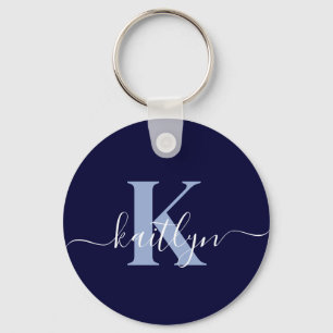 Moderne Navy Blauwe Script Monogram Sleutelhanger