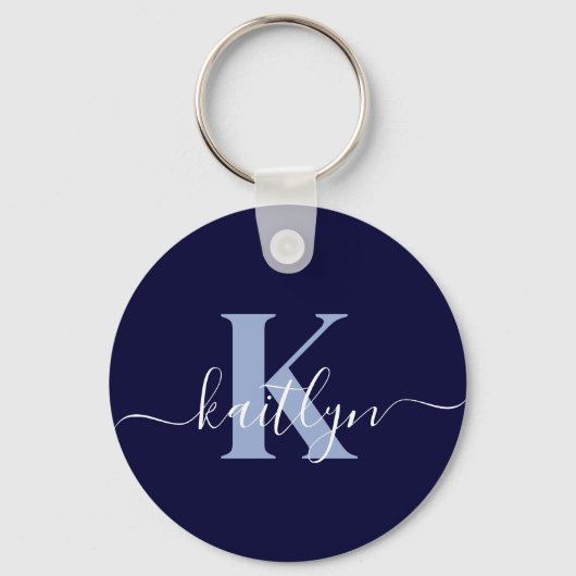 Moderne Navy Blauwe Script Monogram Sleutelhanger (Voorkant)