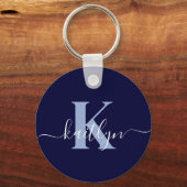 Moderne Navy Blauwe Script Monogram Sleutelhanger (Voorkant)
