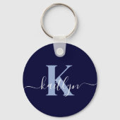 Moderne Navy Blauwe Script Monogram Sleutelhanger (Achterkant)