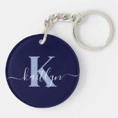 Moderne Navy Blauwe Script Monogram Sleutelhanger (Achterkant)