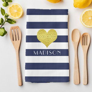 Moderne Navy Blauwe Strepen Naam Theedoek
