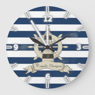 Moderne Navy Blauwe Strepen, Scheepswiel Grote Klok