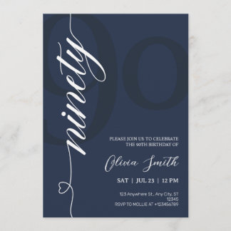 Moderne Navy Blauwe & Witte 90e Verjaardagsfeestje Kaart