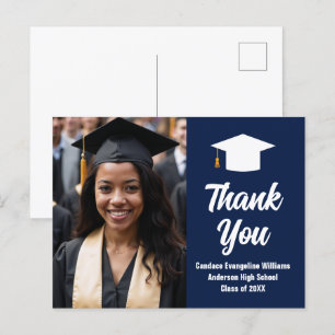 Moderne Navy Blauwe Witte Afstudeerfoto Bedankt Briefkaart