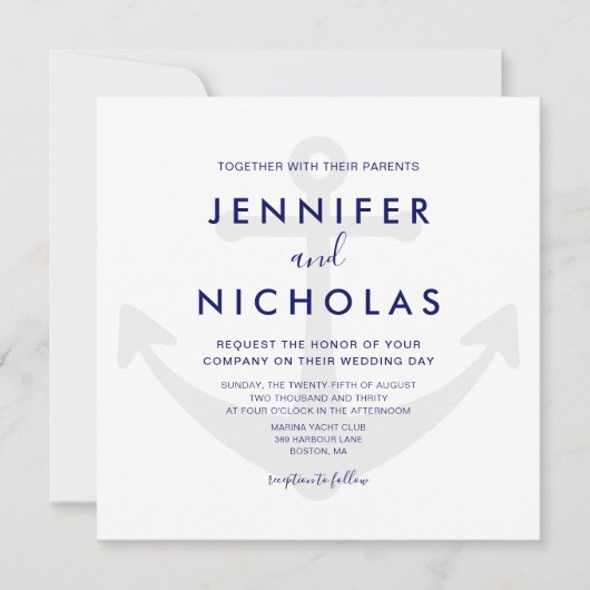 Moderne Navy Blauwe Zeeanker Trouw Kaart (Voorkant)