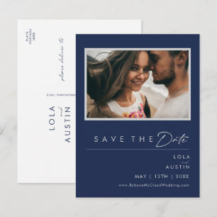 Moderne Navy Blauwe Zilveren Foto Save The Date Uitnodiging Briefkaart