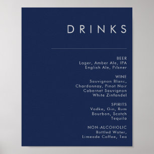 Moderne Navy Blauwe Zilveren Trouwdranken Menu Poster