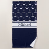 Moderne Navy Blue Anchor Pattern Name Nautical Strandlaken (Voorkant)