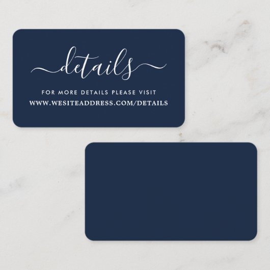 Moderne Navy Blue en White Simple Script-gegevens Informatiekaartje (Voorkant / Achterkant)
