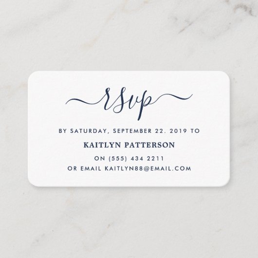 Moderne Navy Blue en White Simple Script RSVP Informatiekaartje (Voorkant)