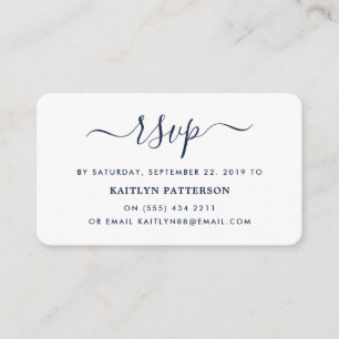 Moderne Navy Blue en White Simple Script RSVP Informatiekaartje
