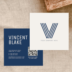Moderne Navy Blue Monogram QR Code Zakelijke Visit Vierkante Visitekaartje