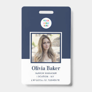 Moderne Navy Blue Photo Barcode Business Logo Name Badge