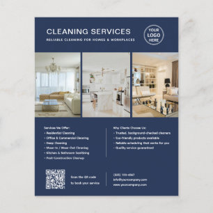 Moderne Navy Blue Schoonmaakdiensten QR Zakelijk Flyer