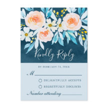 Moderne Navy Blue Waterverf Floral RSVP-kaart