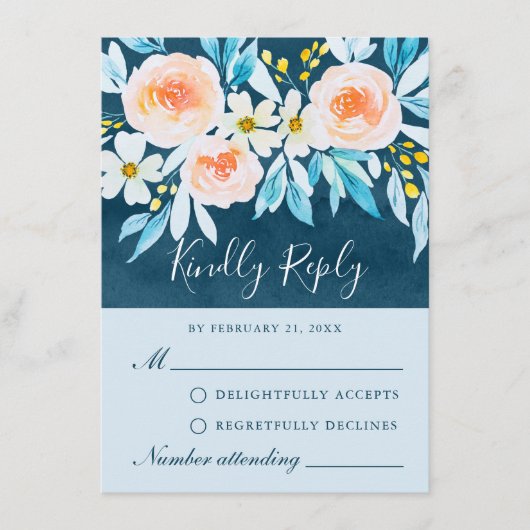 Moderne Navy Blue Waterverf Floral RSVP-kaart Advieskaart (Voorkant)