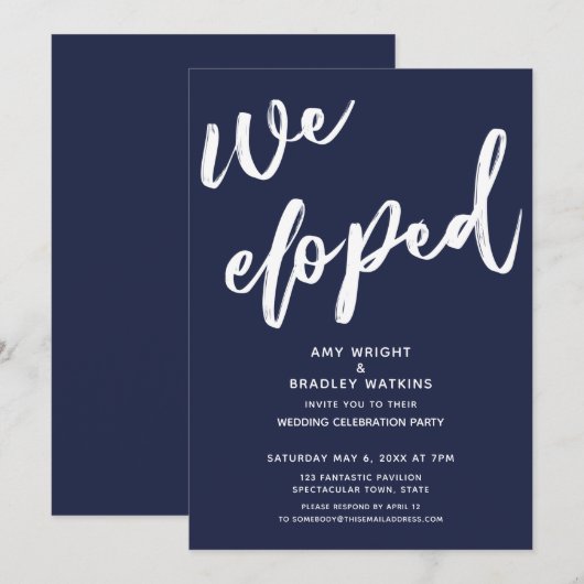 Moderne Navy Blue We Eloped bruiloft receptie Kaart (Voorkant / Achterkant)