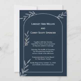 Moderne Navy en White Leaf Wedding Kaart