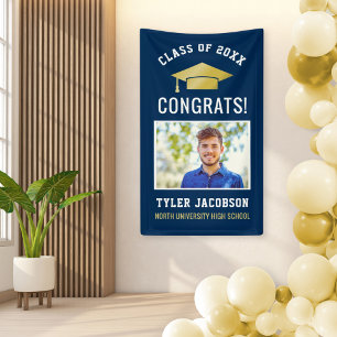 Moderne Navy Gold Foto Afstudeerfeest Spandoek