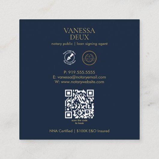 Moderne Navy & Gold Notary Pen QR Logo Elegant Vierkante Visitekaartje (Achterkant)