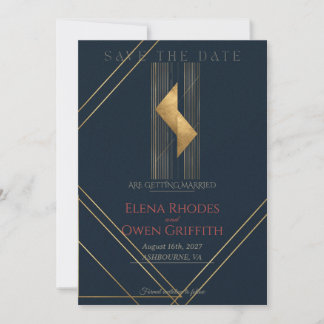 Moderne Navy Gouden Geometrische Art Deco Save the