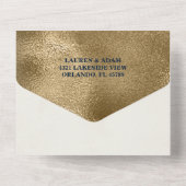 Moderne Navyblauwe & Nep Gouden Bloemen Bruiloft  All In One Uitnodiging (Achterkant)