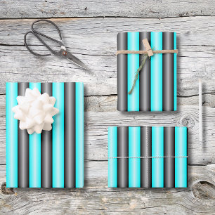 Moderne Neon Blue en Black 3D Metal Effect Stripes Inpakpapier Vel