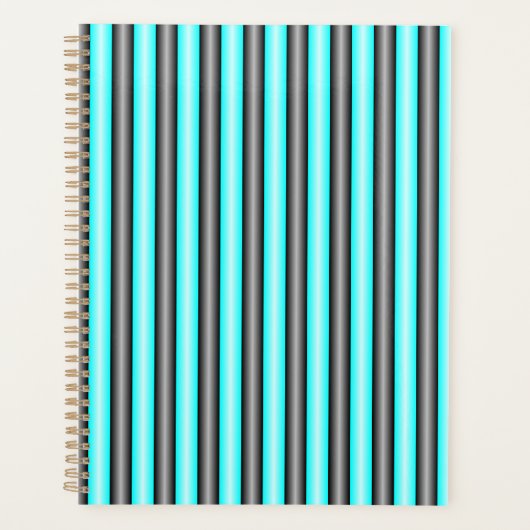 Moderne Neon Blue en Black 3D Metal Effect Stripes Planner (Voorkant)