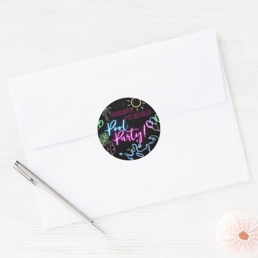 Moderne Neon Gloed Zwarte Pool Feest Verjaardag Ronde Sticker (Envelop)